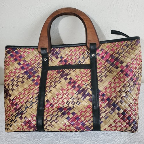 Unbranded Handmade Handwoven Bamboo Handbag Boho Chic 16"x10"x5.5"