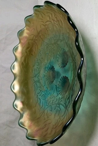 STUNNING! ANTIQUE! Northwood Carnival Green Leaf and Bead Three-Footed Bowl