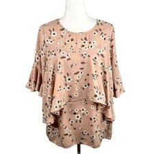 Pleione Tan White Floral Boho Flowy Ruffle Casual Business Career Top Size Large