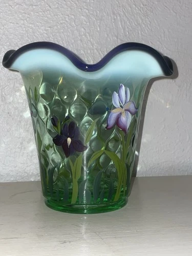 Fenton Green Opal Glass Vase Purple Iris w Base Signed Designer Showcase Series