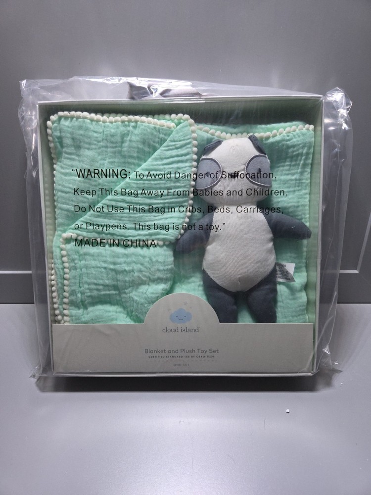 Cloud Island Joyful Mint Green Blanket with Gray Panda Plush Toy Set New