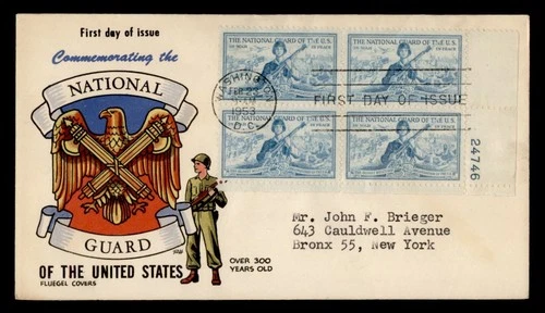 DR WHO 1953 FDC NATIONAL GUARD PLATE BLOCK FLUEGEL CACHET #1017 M80051