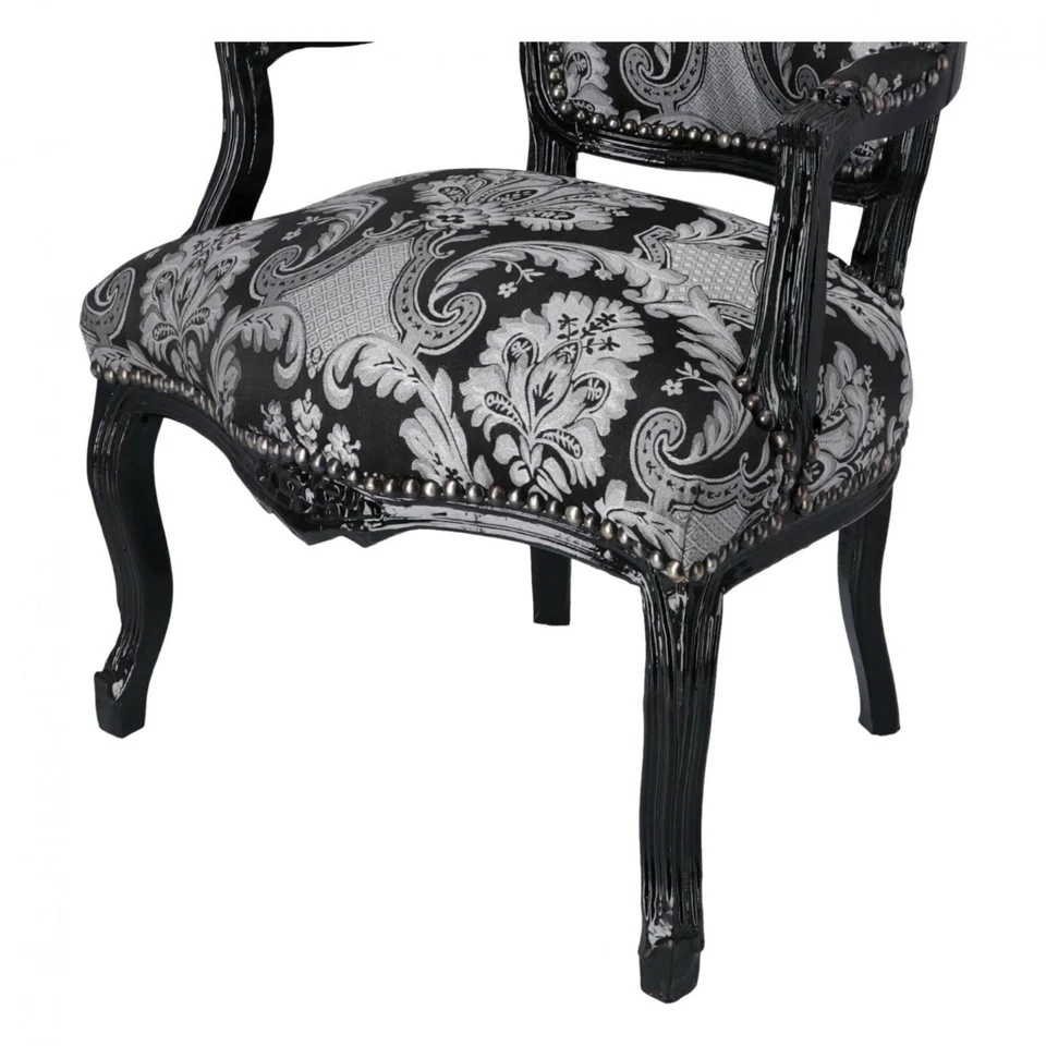 Poltrona Sedia in legno laccata nera con braccioli e tessuto damascato nero fan - Immagine 3 di 4