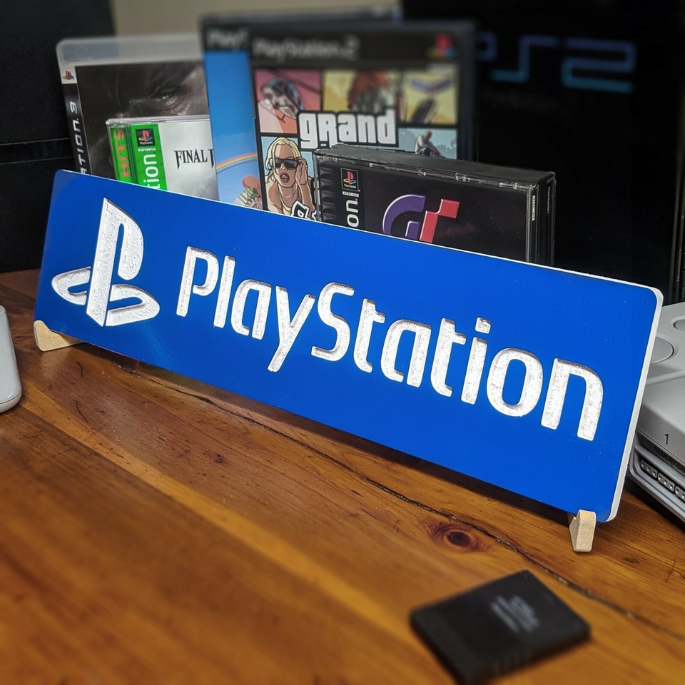 CNC-engraved wooden PlayStation logo wall art is a clean, handcrafted nod to gaming nostalgia — far more shelf-worthy than a cheap poster.