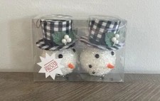 Christmas Ornament Sparkly Snowman Head W/Black&White Plaid Hat 5”x3” Set Of 2