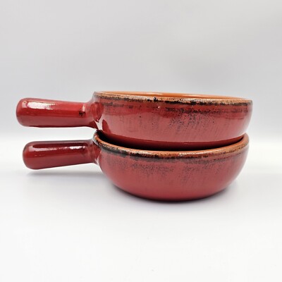 De Silva Rustic Set of 2 Red Ware Soup Chili Stew Bowls Handles Red Orange Italy