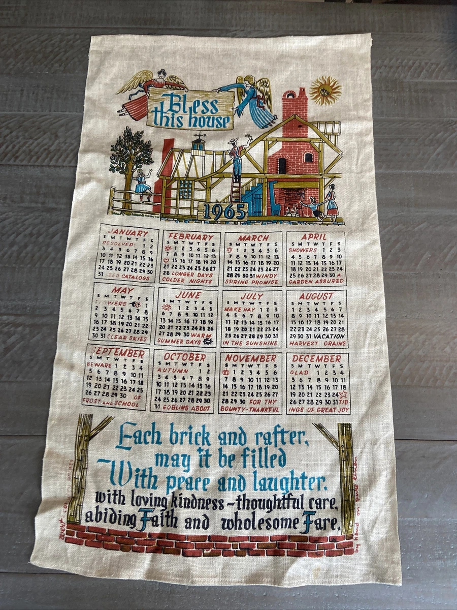 Vtg Linen Calendar Wall Hanging Bless This House 1965 17