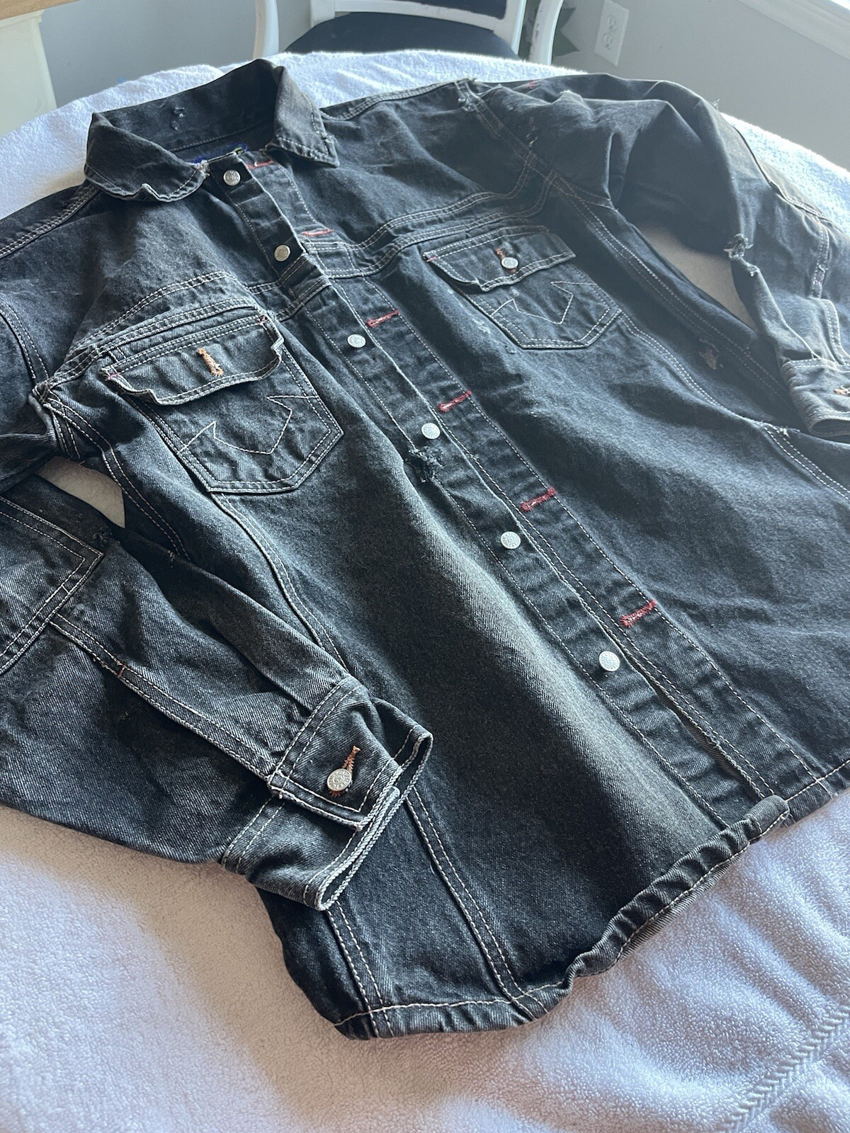 Propain Distressed Denim Jacket for Men Size L Blue Stitched Jean Culture Style-image