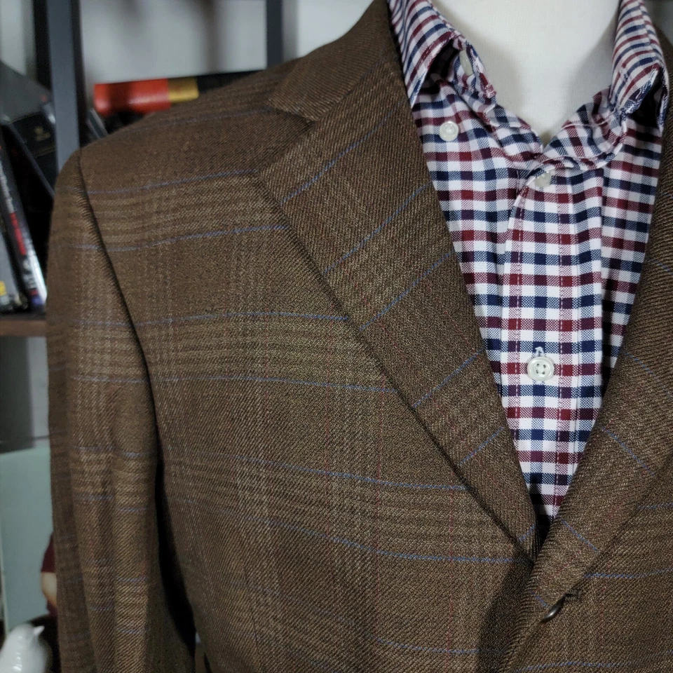 Abrigo Blazer Deportivo Andrew Fezza Para Hombre Tres Botones Marrón A Cuadros Lana Peinada 42S Foto 3 de 4