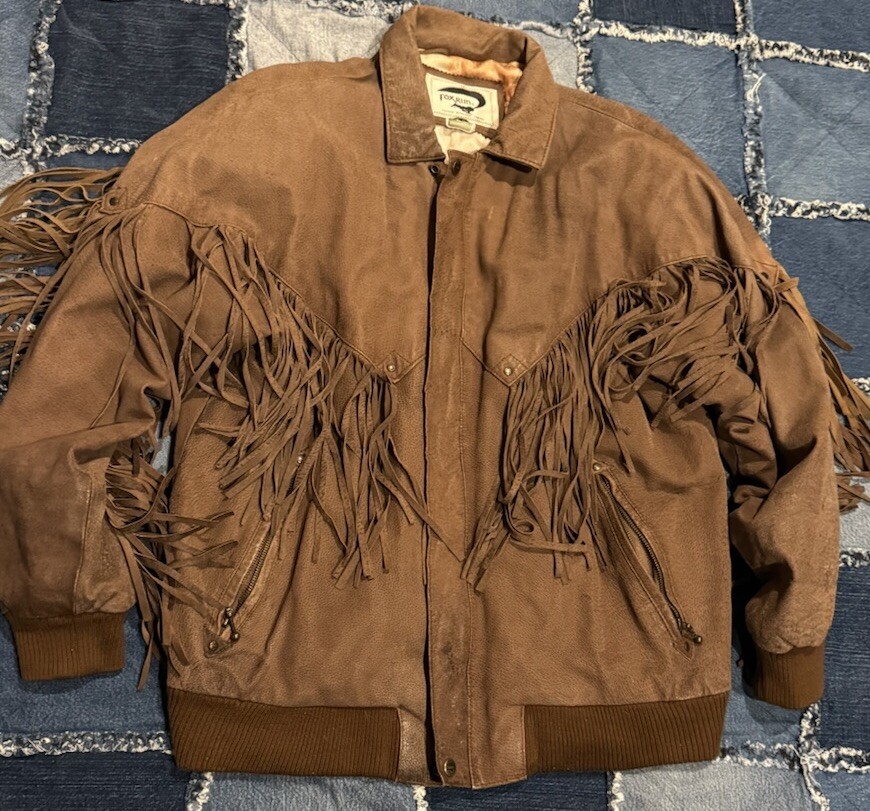 Leather Fringed Jacket M Brown Distressed Cowboy Western Chic Vtg Boho Y2k