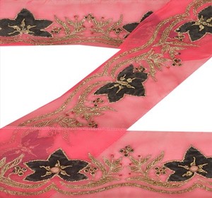Sanskriti Vintage Pink Sari Border Hand Beaded Indian Craft Trim Sewing Lace