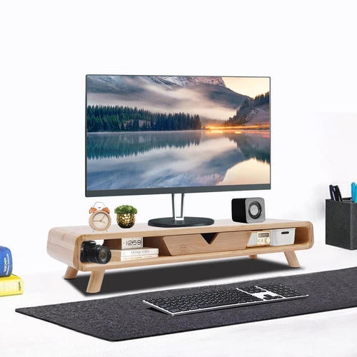 Bamboo Monitor Stand 24in W/ Drawer Desktop Stand Office Back Baffle Gift Modern - 第 6/6 張圖片