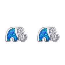 6.7mm Elephant Stud Earring Simulated Created Blue Opal 925 Sterling Silver