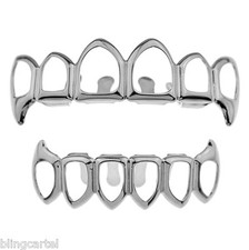 Open Face Fang Grillz Top Bottom Silver Tone Six 6 Teeth Vampire Fangs Set