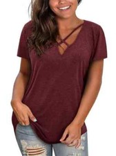 Women's T-shirt Short Sleeve V-Neck T-Shirt Top Summer Cross Casual Loose Cotton