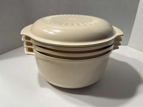 Vtg Tupperware Microwave Stack Almond 4 Piece Cooking Set 1 Qt, 13/4 Qt, 3 Qt - Zdjęcie 3 z 14