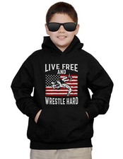 Youth Live Free Wrestle Hard F168 Black Hoodie Kids MMA Wrestling Fighting USA