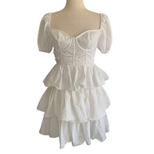 NWT Corset Cup Tiered Mini Dress 8 White Puff Sleeve Coquette Milkmaid Cottage