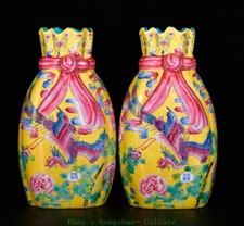 7" Old Enamel Colour Porcelain Phonix Bird Pattern Flower Bottle Vase Pair