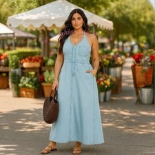 Universal Thread Light Wash Blue Denim Halter Neck Maxi Dress -- Women's Size 17