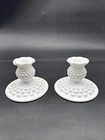 Pair of Fenton White Milk Glass Hobnail Short Taper Candle Holders Vintage