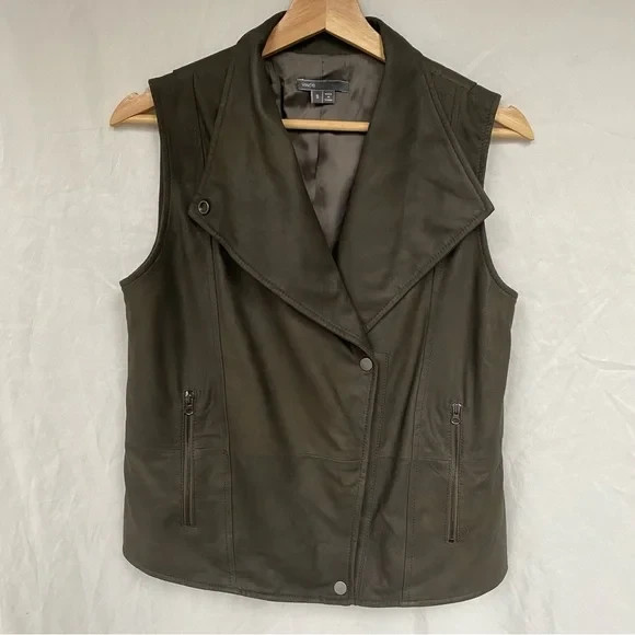 VINCE Leather Military Moto Vest in Olive Green Size Small 100% Lambskin $795