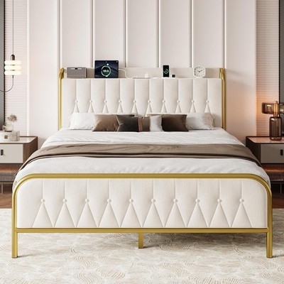 Queen Metal Bed Frame with Charging Station, Velvet Upholstered Headboard