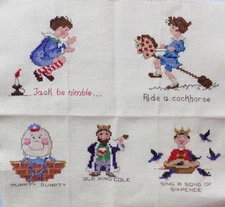 11' X 12" FINISHED CROSS STITCH WITH 5 NURSERY RHYME CHARACTERS JACK BE NIMBLE +