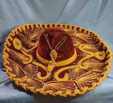 Vintage Burgundy and Gold Mexican Sombrero Mariachi Hat - Maker Unknown