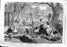 Original Old Antique Print 1863 Spring Scene Children Lambs Sheep Flowers 19th