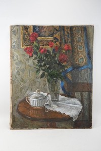 C44P09- Painting Still Life with Roses and Porcelain Box on Side Table