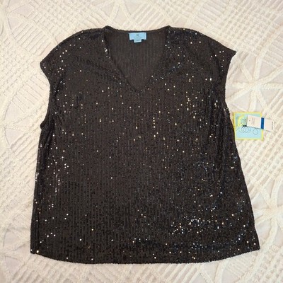 CeCe Womens XL Black Sequin V-Neck Cap Sleeve Top Party Sparkle Sleeveless