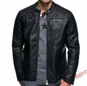 New Men's Slim fit jacket stand collar Biker Motorcycle PU Leather Jacket Black