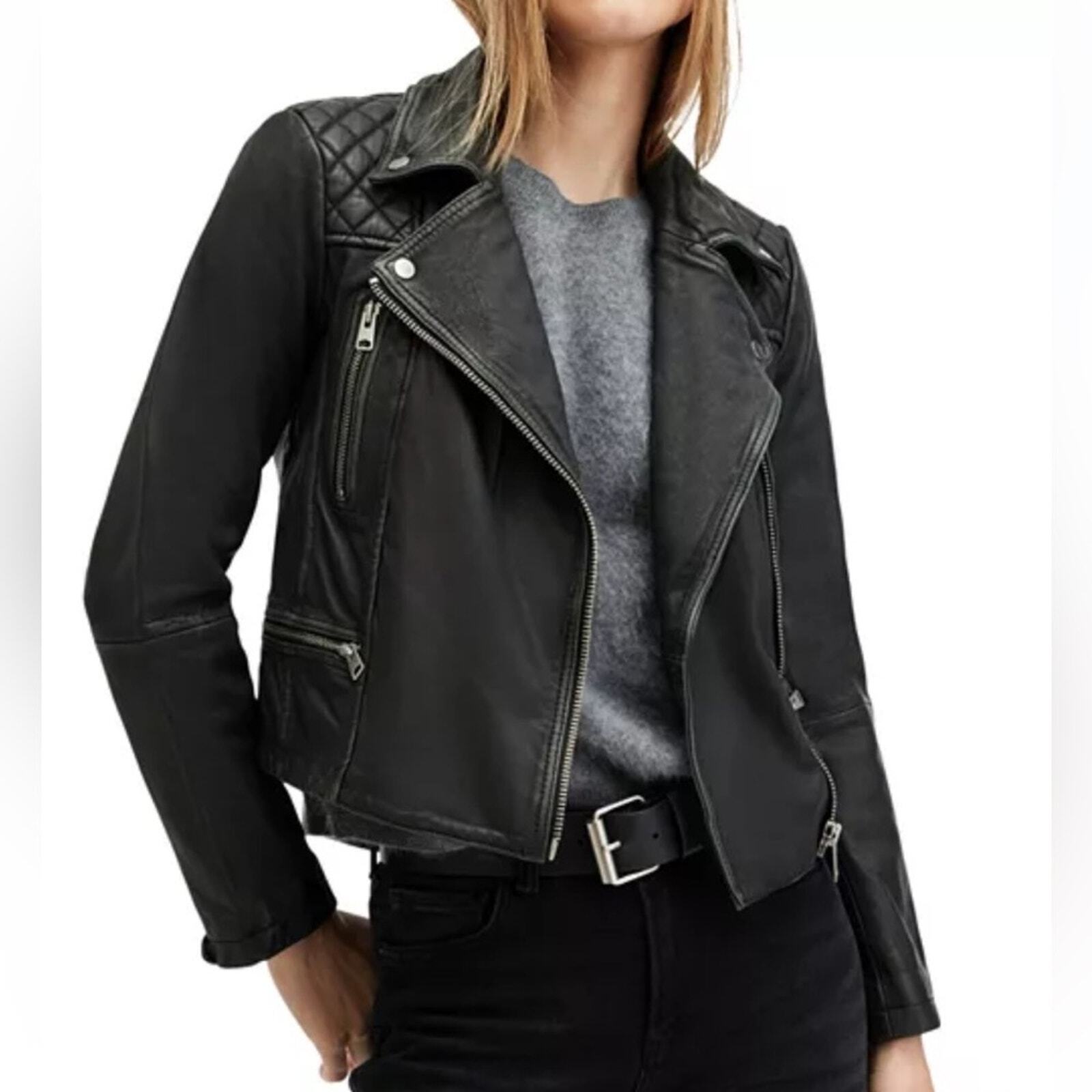 Women's AllSaints cargo distressed leather moto jacket black 4