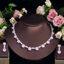 Silver Plated Pink Square Cubic Zircon Necklace and Earrings Wedding Jewelry Set