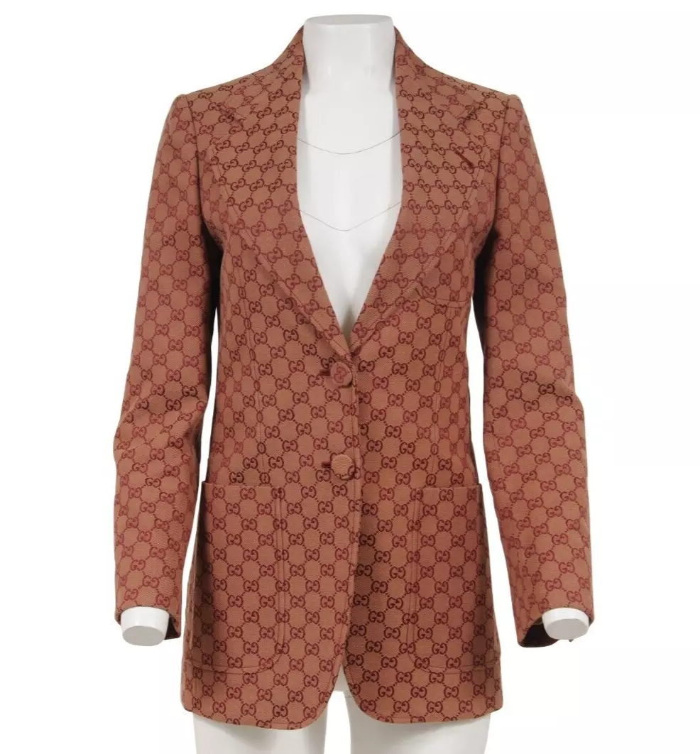 Gucci Womens GG Logo Blazer Size 40 Brown Burgundy Red Two Button Canvas  Jacket