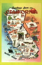 Greetings from California Map, San Francisco Los Angeles San Diego etc. Postcard