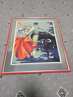 Vintage Wandteppich Spanischer Stierkampf Muster Wandbehang Gerahmt Kreuzstich Kunst