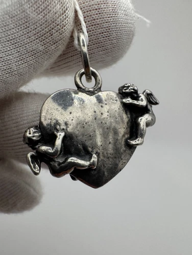 Rare Giovanni Raspini Pendant 925 Silver Heart with Angels Italy Vintage 11.12g