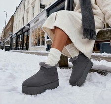 ON TREND  GREY FAUX SUEDE AND FUR LINING  ELASTIC GUSSET COSY BOOT FLATFORM
