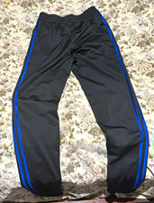 adidas Boys Track Pants Black/Blue Side Stripe Elastic Waist Polyester L 14/16