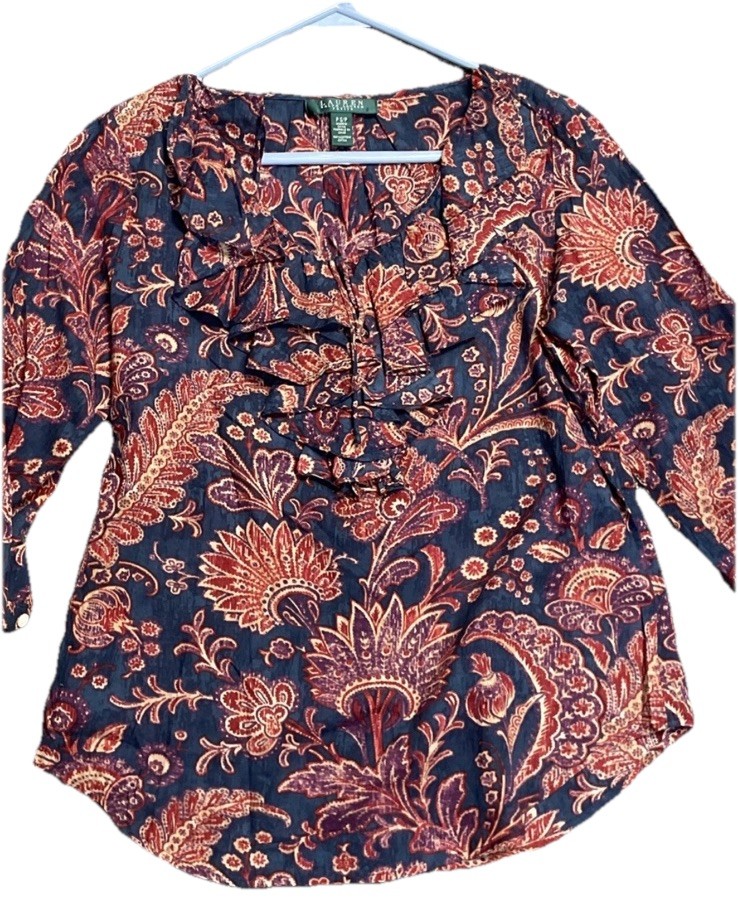 lauren ralph lauren womens RUFFLES NECK 3/4 Sleeves Navy Blue Floral Print Sz M