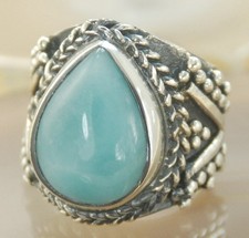 Blue Larimar Gemstone Silver Handmade Jewelry Ring Size 7.5 H281