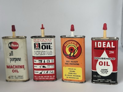 4 VINTAGE Assorted OIL CANS / TINS - 2 Empty  & 2 Almost Full 1 Ideal 29cent One