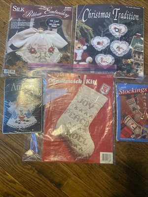 Vtg  CROSS STITCH Embroidery CHRISTMAS ORNAMENTS, Angel, Stocking Lot 5 Granny