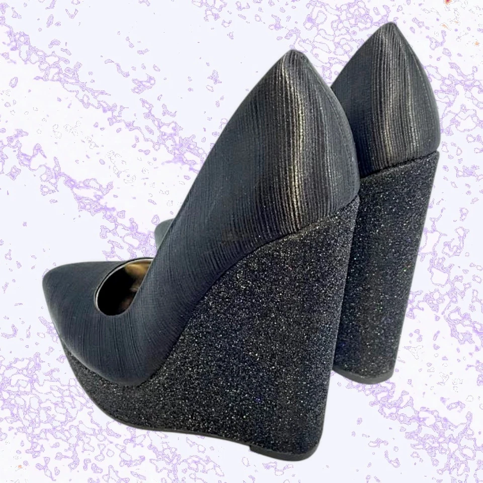 Call It Spring Black Wedges Shimmering Closed Toe Heels | Women's Size 6 - Image 4 of 4