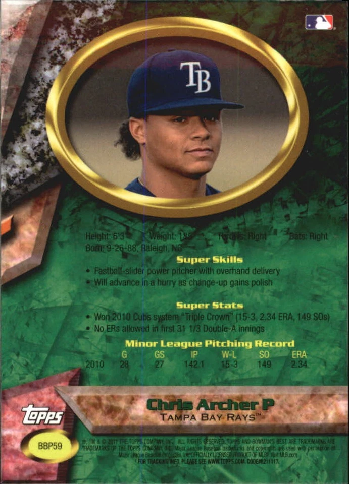 2011 Bowman Bowman's Best Prospects #BBP59 Chris Archer - BB - Image 2 of 2