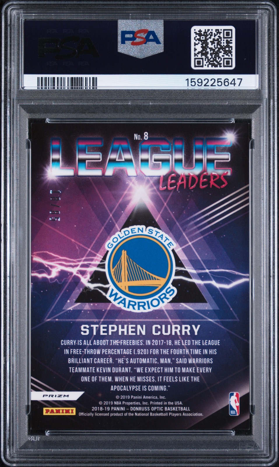 2018 PANINI DONRUSS OPTIC LEAGUE LEADERS BLUE #8 STEPHEN CURRY 18/85 PSA 9 view 2