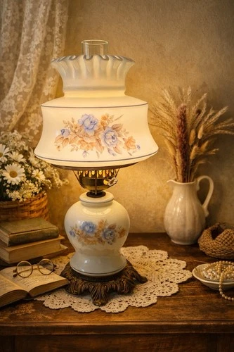 Vintage Hurricane Style Floral Milk Glass Table Lamp Ruffled Shade Cottage Decor