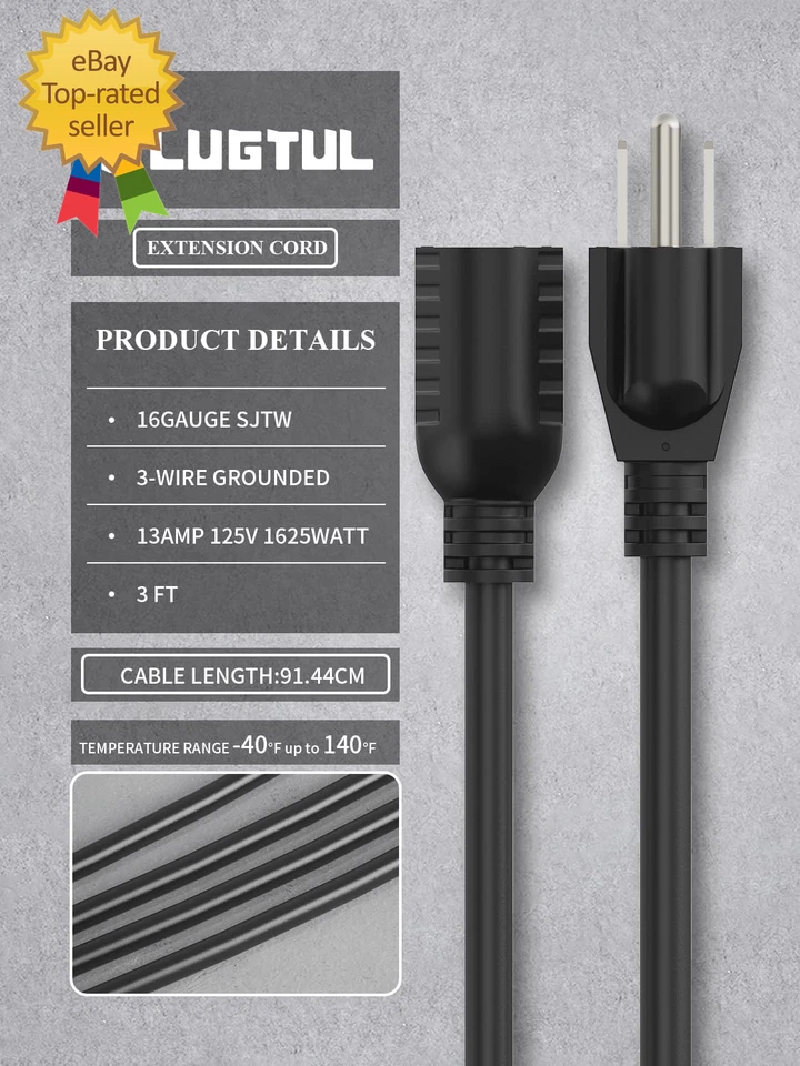 PLUGTUL 3 FT Extension Cord, Short Power Cord, Black Indoor/Outdoor 16 Gauge 3 P - Image 2 of 4